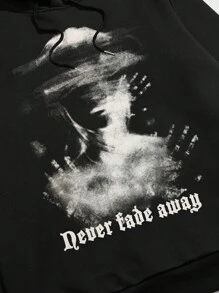 ROMWE MEN Street Life 男士標語和人物圖案抽繩連帽衫 - 黑色 - 查看 4