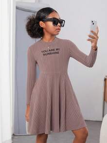 Tween Girl Slogan Graphic Ribbed Knit Flare Hem Dress - Dusty Pink - View 6