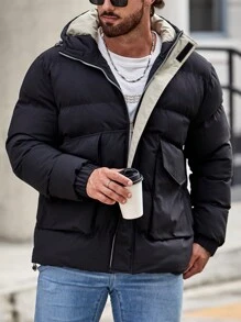 Manfinity Homme Loose-Fit Men's Hooded Padded Coat With Flap Pockets And Drawstring Hem - Black - View 1