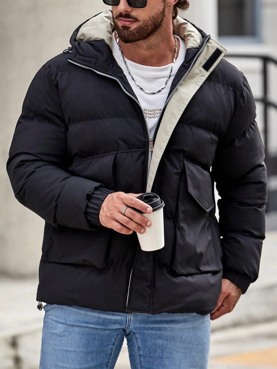 Manfinity Homme Loose-Fit Men's Hooded Padded Coat With Flap Pockets And Drawstring Hem - Black - View 1