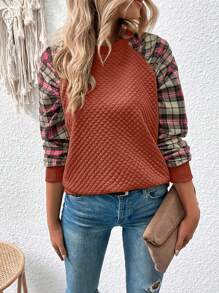 SHEIN VCAY Kẻ sọc tương phản Tay Raglan Áo nỉ - Gỗ đỏ - Xem 1