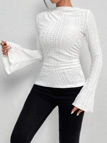 SHEIN LUNE Round Neck Eyelet Embroidery Flounce Sleeve Tee - White - View 3