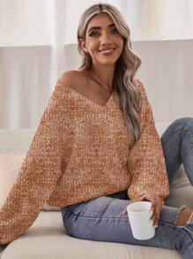 Chiquease Suéter de punto con hombros caídos y efecto tie-dye para otoño e invierno - Caqui - Ver 5