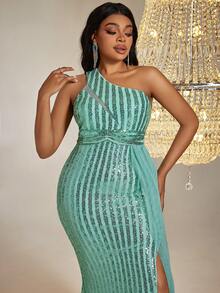 大碼單肩側垂高衩亮片洋裝 - 綠色 - 查看 6