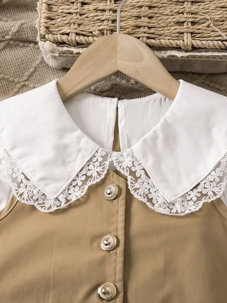 SHEIN 女小童單排釦背心和喇叭袖誇大領口百褶下擺洋裝 - 卡其色 - 查看 5