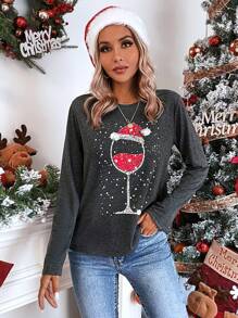 EMERY ROSE Christmas Print Tee Graphic Tees Women Tops - Dark Grey - View 6