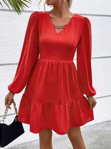 SHEIN LUNE Chain Detail Lantern Sleeve Ruffle Hem Dress - Red - View 4