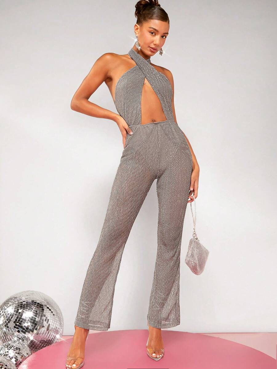 SHEIN BAE Cruzada Sem Costas Perna Flare Macacão Halter - Prata - Visão 1