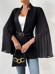 SHEIN LUNE Pleated Cloak Sleeve Open Front Blazer Without Belt - Black - View 4