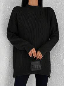 Cloudara Jersey de cuello alto de hombros caídos - Negro - Ver 4