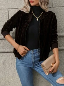 SHEIN LUNE Zip Up Velvet Bomber Jacket - Coffee Brown - View 4