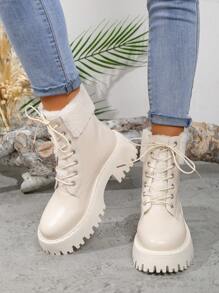1.秋冬毛领保暖防滑靴女厚底休闲百搭踝靴系带蓬松内衬女靴时尚加厚雪地靴 - 白色 - 查看 2