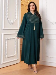 Al Najma Plus Gold Geo Print Tassel Detail Hooded Dress Kaftan Jalabiya Dress