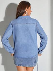 SHEIN BAE Tie Neck Flap Pocket Belted Denim Jacket - Blue - View 2