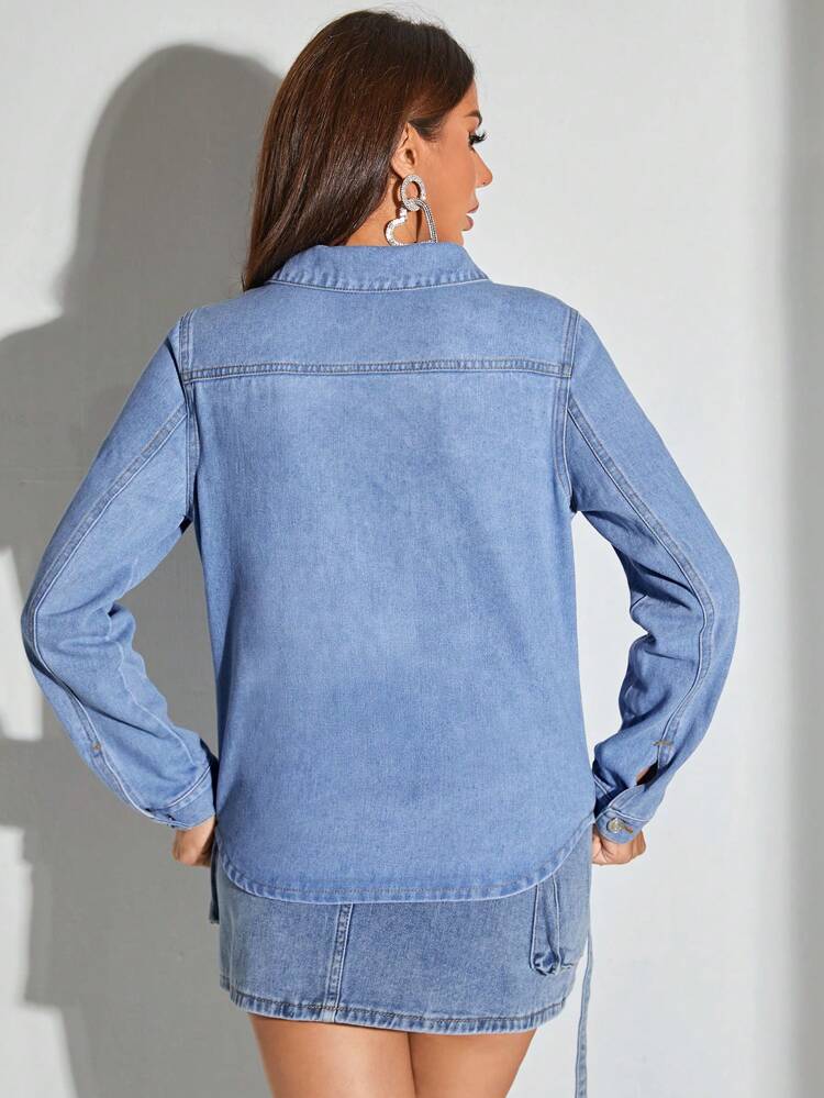 Tie Neck Flap Pocket Belted Denim Jacket