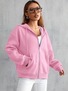 SHEIN Unity Dây kéo Thả vai Dây rút Lót nhiệt Hoodie - Hồng - Xem 6