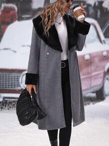 SHEIN Clasi Áo khoác cổ cúc đôi Borg - Màu Xám nhạt - Xem 4