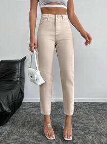 SHEIN Cottnline Zipper Fly Tapered Jeans - Beige - View 6