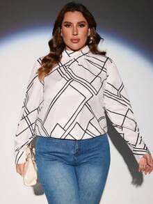 SHEIN LUNE 大碼幾何印花小高領襯衫 - 白色 - 查看 5