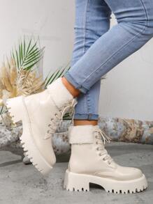 1.秋冬毛领保暖防滑靴女厚底休闲百搭踝靴系带蓬松内衬女靴时尚加厚雪地靴 - 白色 - 查看 4