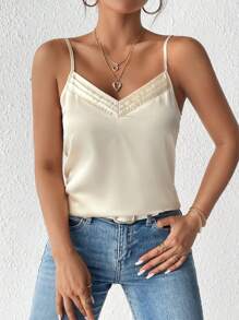 SHEIN Frenchy 純色褶皺細節吊帶上衣 - 杏色 - 查看 4