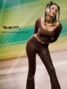 GLOWMODE 鍍箔皮革效果緊身方領長袖運動上衣,帶拇指孔 - 棕色 - 查看 3