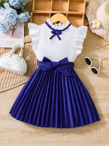 SHEIN Young Girl Two Tone Ruffle Trim Pleated Hem Belted Dress - Blue - View 1