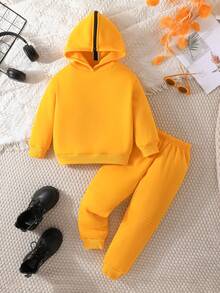 SHEIN 女小童字母圖案拉鏈連帽衫和運動褲 - 黃色 - 查看 4