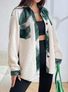 Muchica 格紋印花落肩翻蓋口袋泰迪熊大衣 - 彩色 - 查看 1