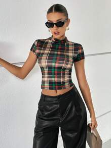 SHEIN Privé 小高領合身格子花呢tee - 彩色 - 查看 4