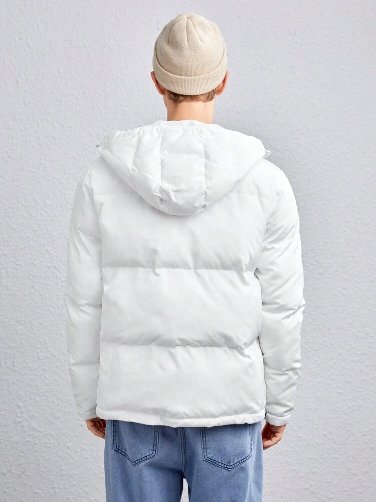 1pc Solid Zip Up Hooded Padded Coat, For Fall Winter