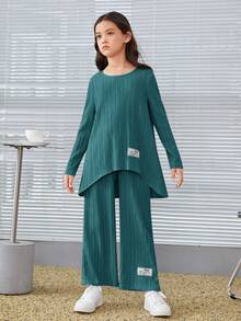 SHEIN Tween Girl Letter Patched Detail High Low Hem Tee & Pants - Blue - View 3