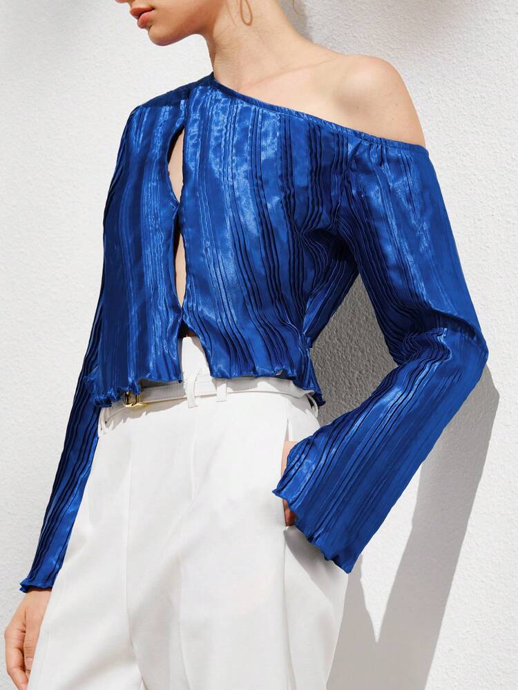 Asymmetrical Neck Split Sleeve Lettuce Trim Top Fall Cloth For Women