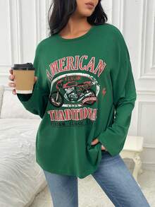 SHEIN EZwear Áo thun trễ vai hình xe máy & chữ cái - màu xanh lá - Xem 3