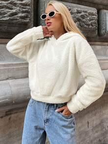 EURMUSE Solid Drop Shoulder Teddy Hoodie - White - View 3