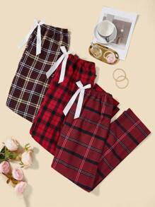 SHEIN 3pcs Plaid Print Bow Patched Sleep Pants - Multicolor - View 1