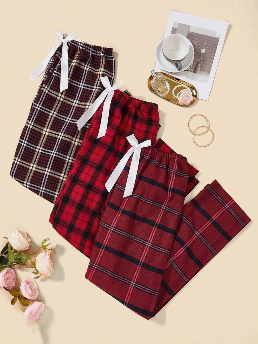 SHEIN 3pcs Plaid Print Bow Patched Sleep Pants - Multicolor - View 1