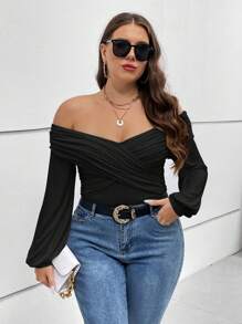 SHEIN Privé Plus Off Shoulder Cross Wrap Cross Front Lantern Sleeve Tee - Black - View 3
