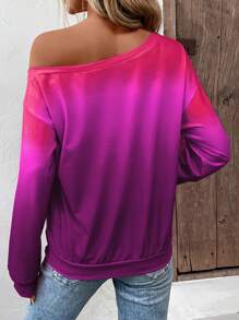 SHEIN LUNE 標語圖案漸層不對稱領落肩袖運動衫 - 彩色 - 查看 2