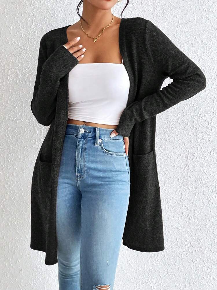 Dual Pocket Open Front Coat Without Cami Top,Ladies Winter Casual Pocket Regular Sleeve Loose Black Plain Women Coats,Casual Daily Wear