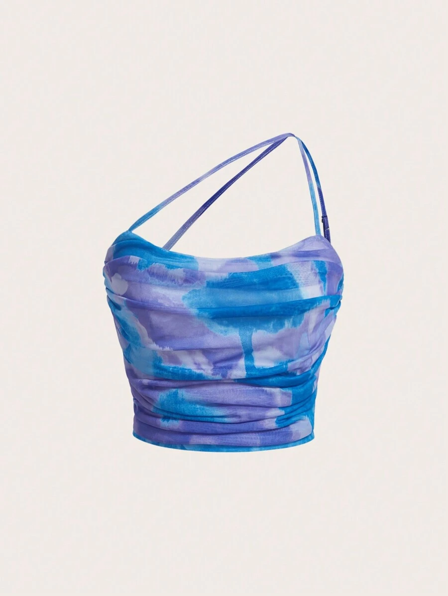 GENKIRA Nhuộm buộc Một bờ vai Xù Lưới Áo - Màu xanh lam - Xem 1