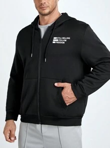 Manfinity Homme Men Plus Slogan Graphic Zip Up Dây rút Áo hoodie - màu đen - Xem 1