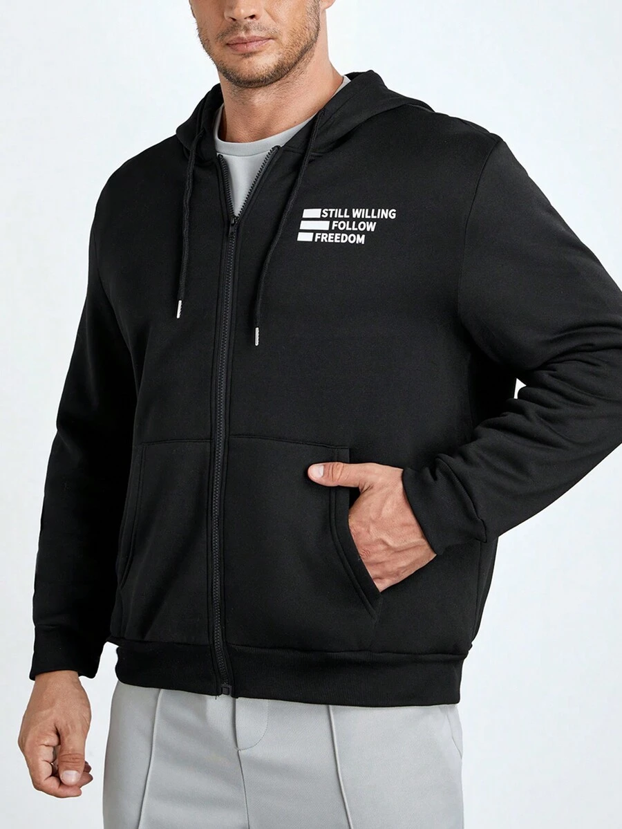 Manfinity Homme Men Plus Slogan Graphic Zip Up Dây rút Áo hoodie - màu đen - Xem 1