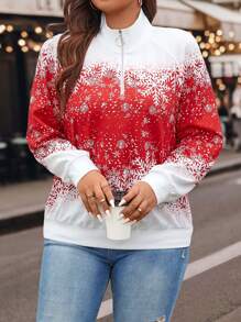 Calvaya 加大码圣诞印花插肩袖半拉链套头卫衣秋季卫衣 - 彩色 - 查看 5