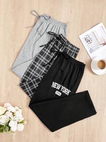 大碼3入組格紋&字母圖案腰部打結睡褲 - 彩色 - 查看 1