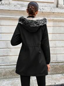 EURMUSE Drawstring Waist Fuzzy Trim Hooded Parka Coat - Black - View 2