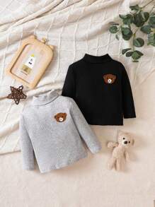 Baby Boy 2pcs Bear Patched Ribbed Knit Mock Neck Tee - Multicolor - View 1