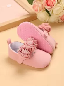1 Pair Baby Girls' Floral Decor Soft Bottom Flat Shoes For Spring & Fall - Pink - View 2