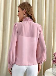 SHEIN Privé Frill Neck Ruffle Trim Lantern Sleeve Blouse - Pink - View 3