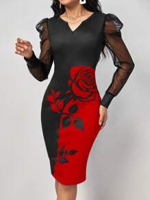 SHEIN Clasi Đầm Bodycon tay phồng phối lưới in hoa tương phản - Đỏ - Xem 5